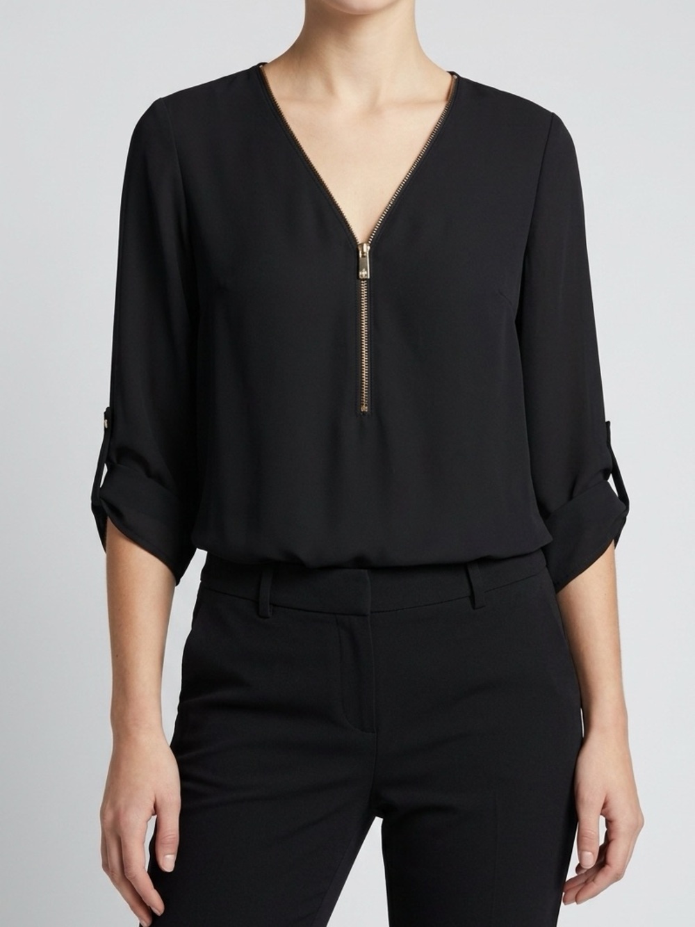 Chaus Black V-Neck Zip Blouse with Gold Accent